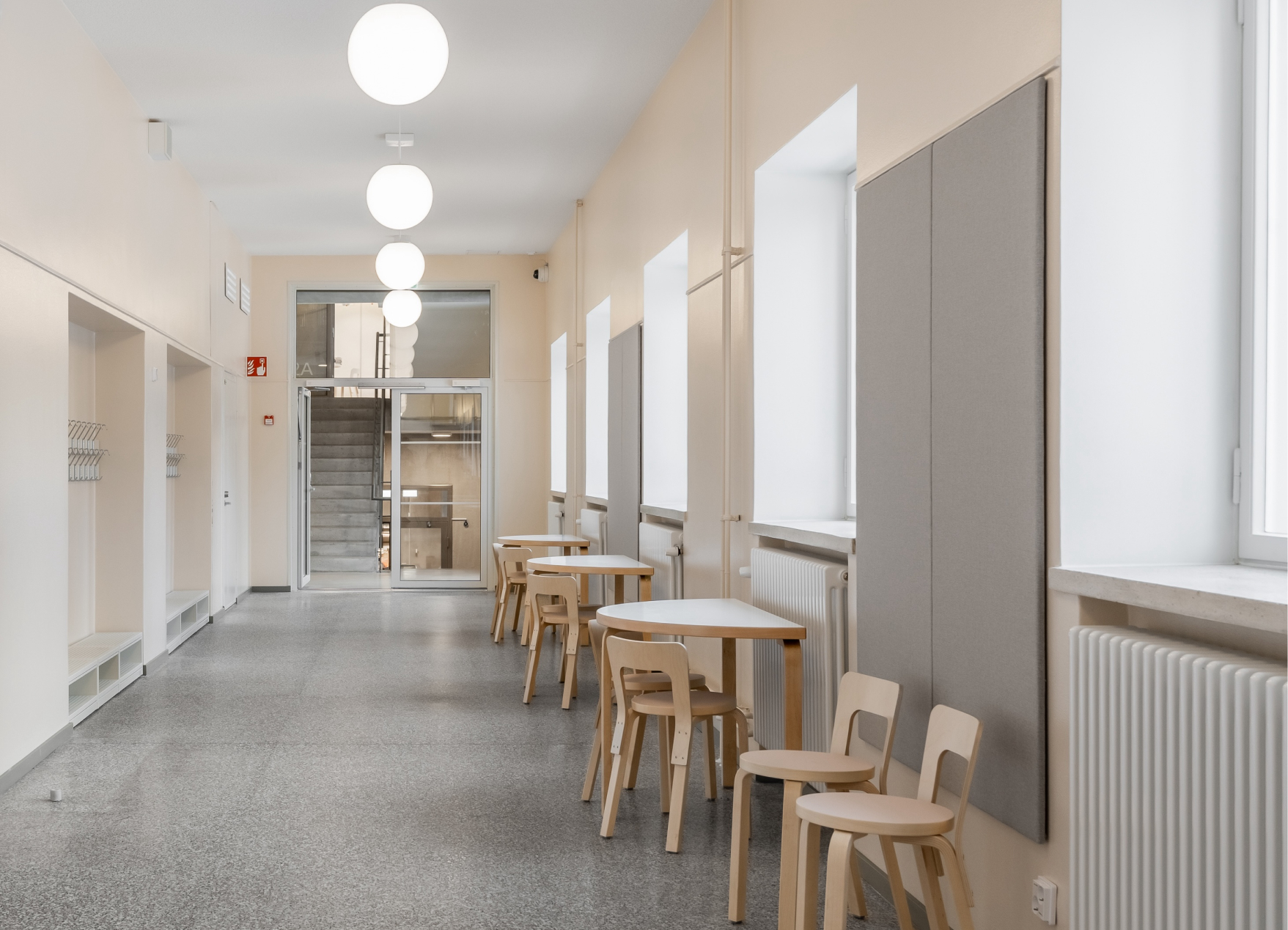 The classroom hallway at Hoplaxskolan in Munkkiniemi, Helsinki.